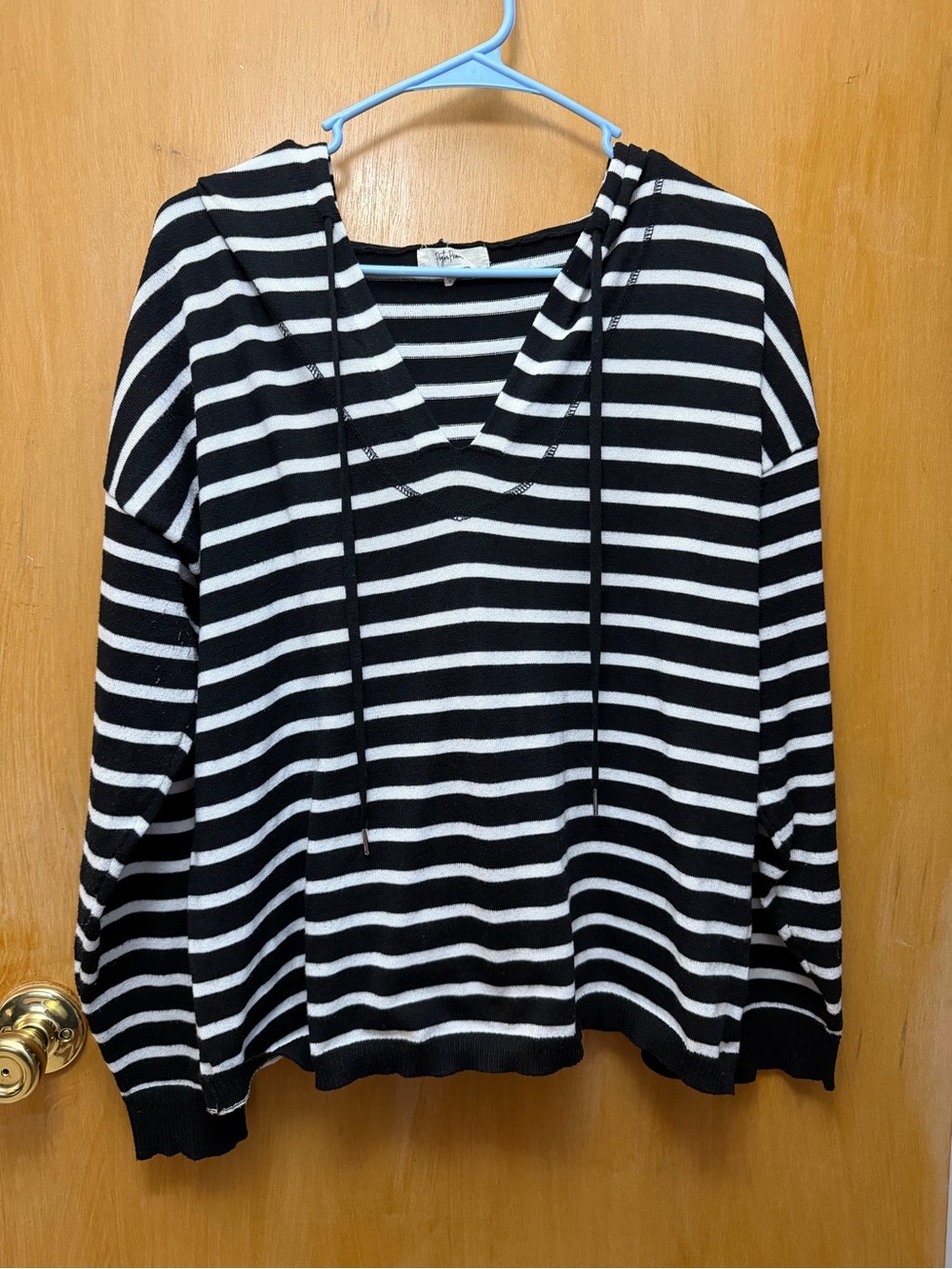 Striped V-Neck Hoodie Sweatshirt - Black & White